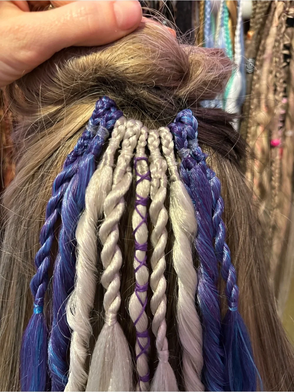 Colorful Synthetic Hair Extensions — Purple, Blue & Silver Accent Braids